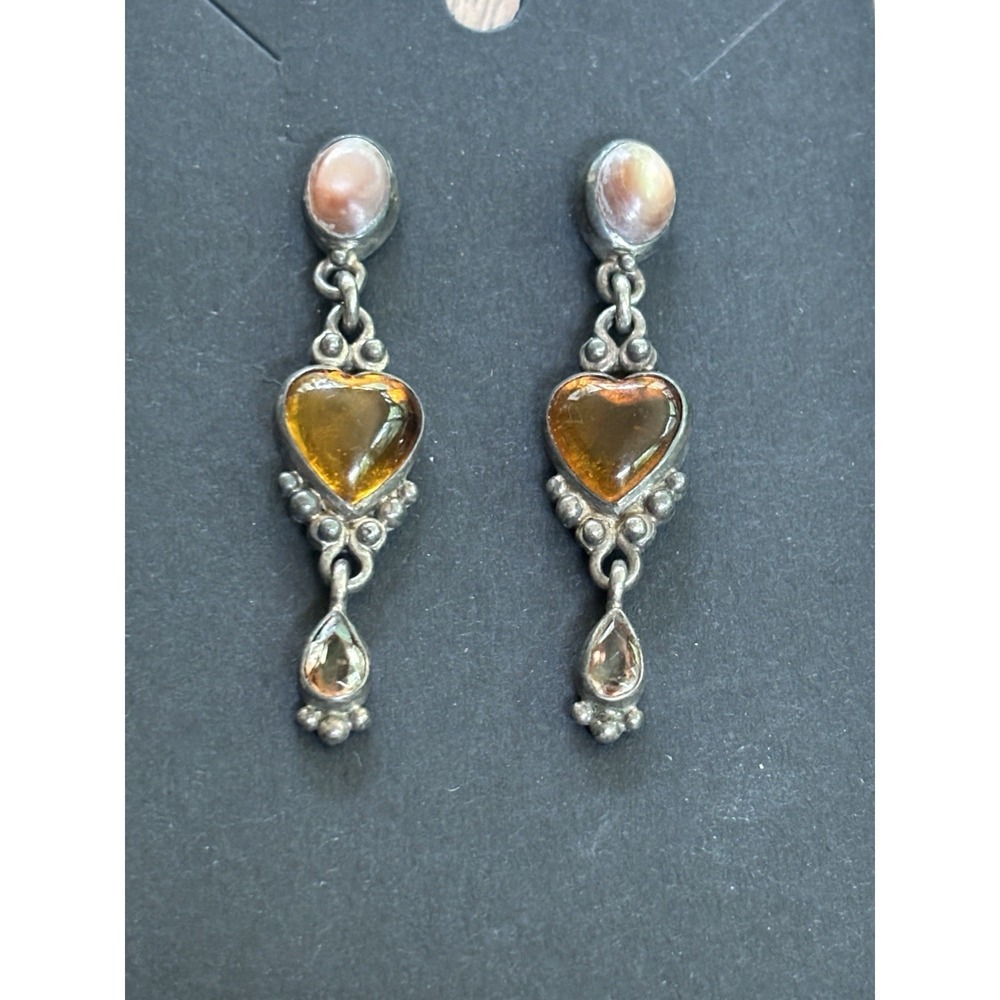 925 Sterling Silver And Amber Heart  Earrings